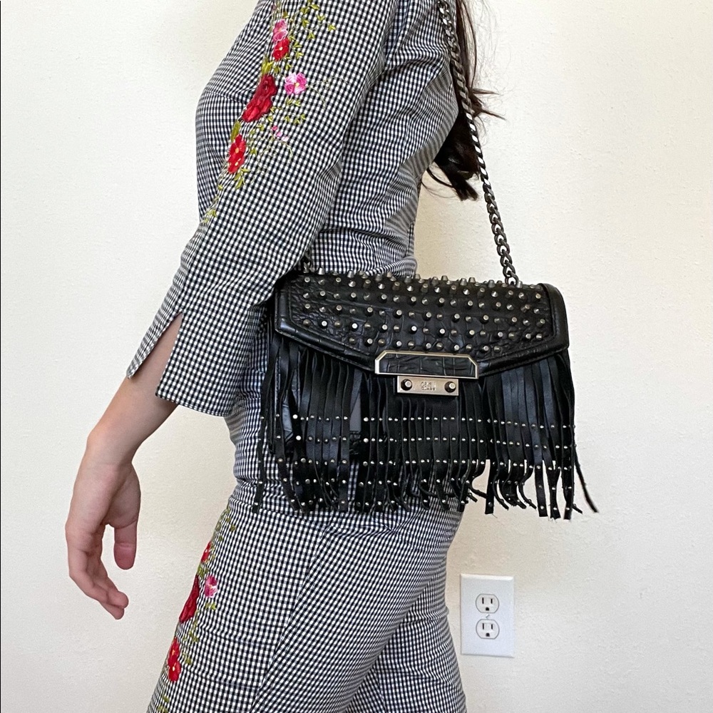 Cavalli Class Black & Grey Leather studded Fringe Shoulder / Crossbody Bag